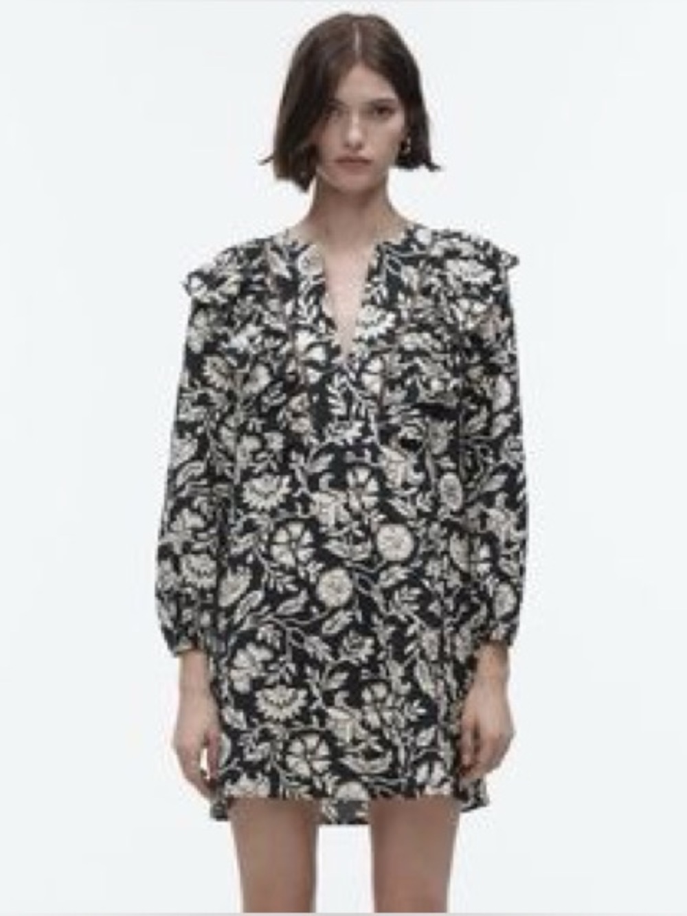 Zara - White Floral Print Black Ruffle Long Sleeve Boho Mini Dress Size Small